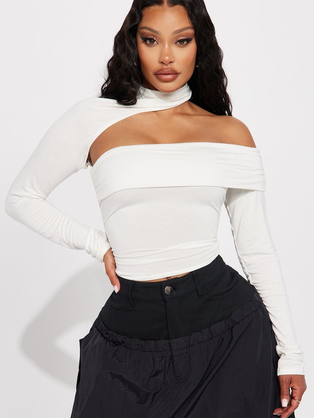 Fashion Nova White One-Shoulder Asymmetric Long Sleeve Top